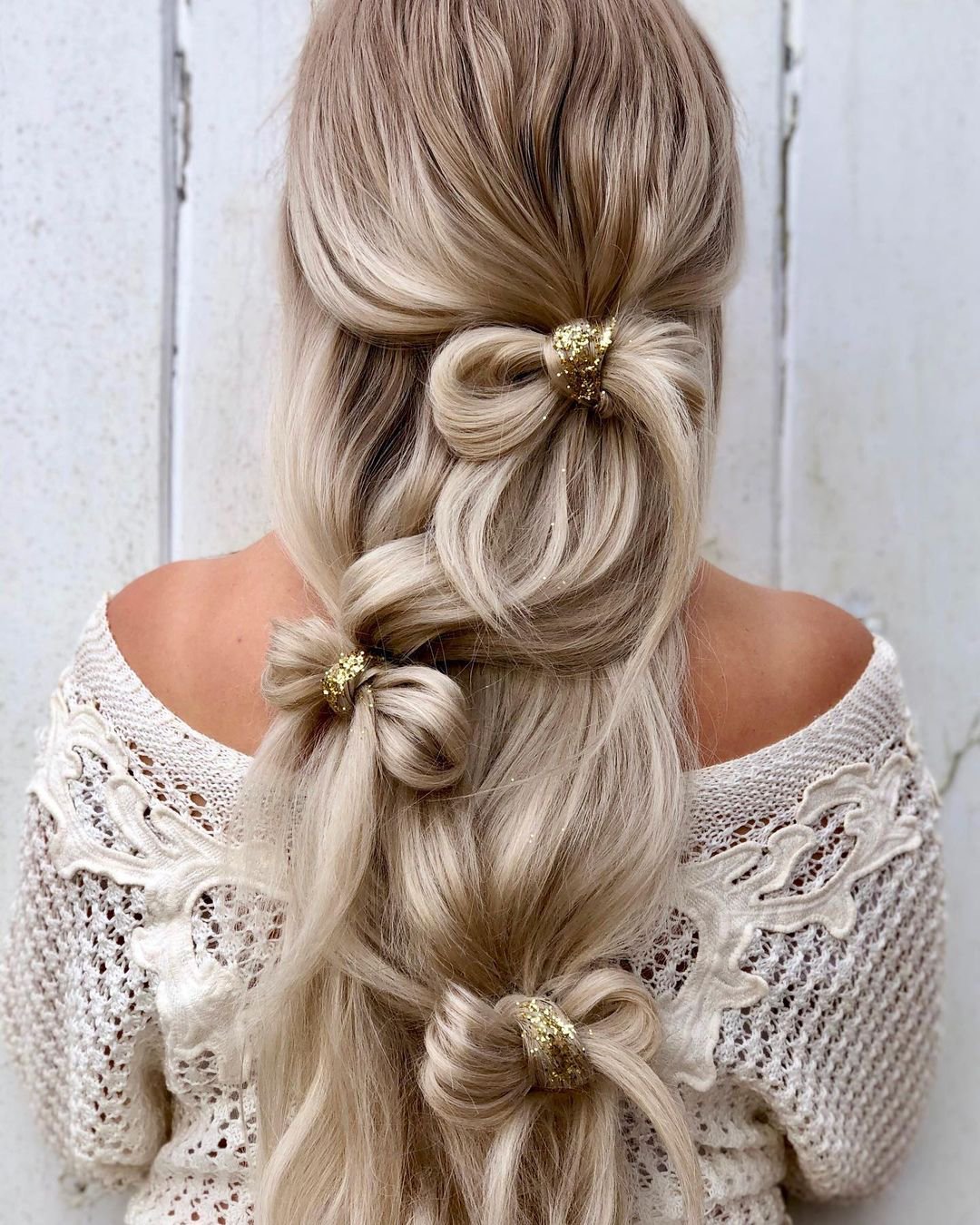 wedding guest hairstyles hair down with bows and gold glitter alexandralee1016
