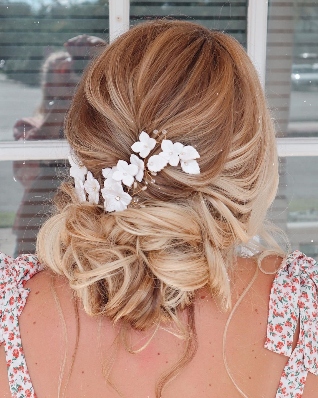wedding hair accessories slightly messy updo with white flowers reneemarieacademy