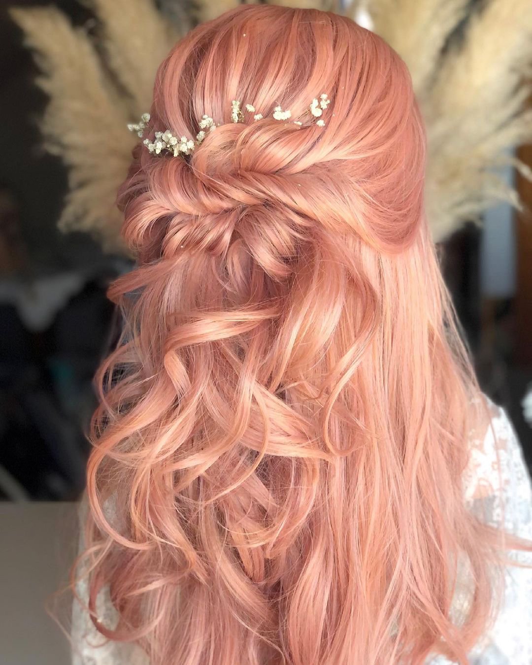 wedding hairstyles for curly hair half up on pink hair baby breath reneemarieacademy