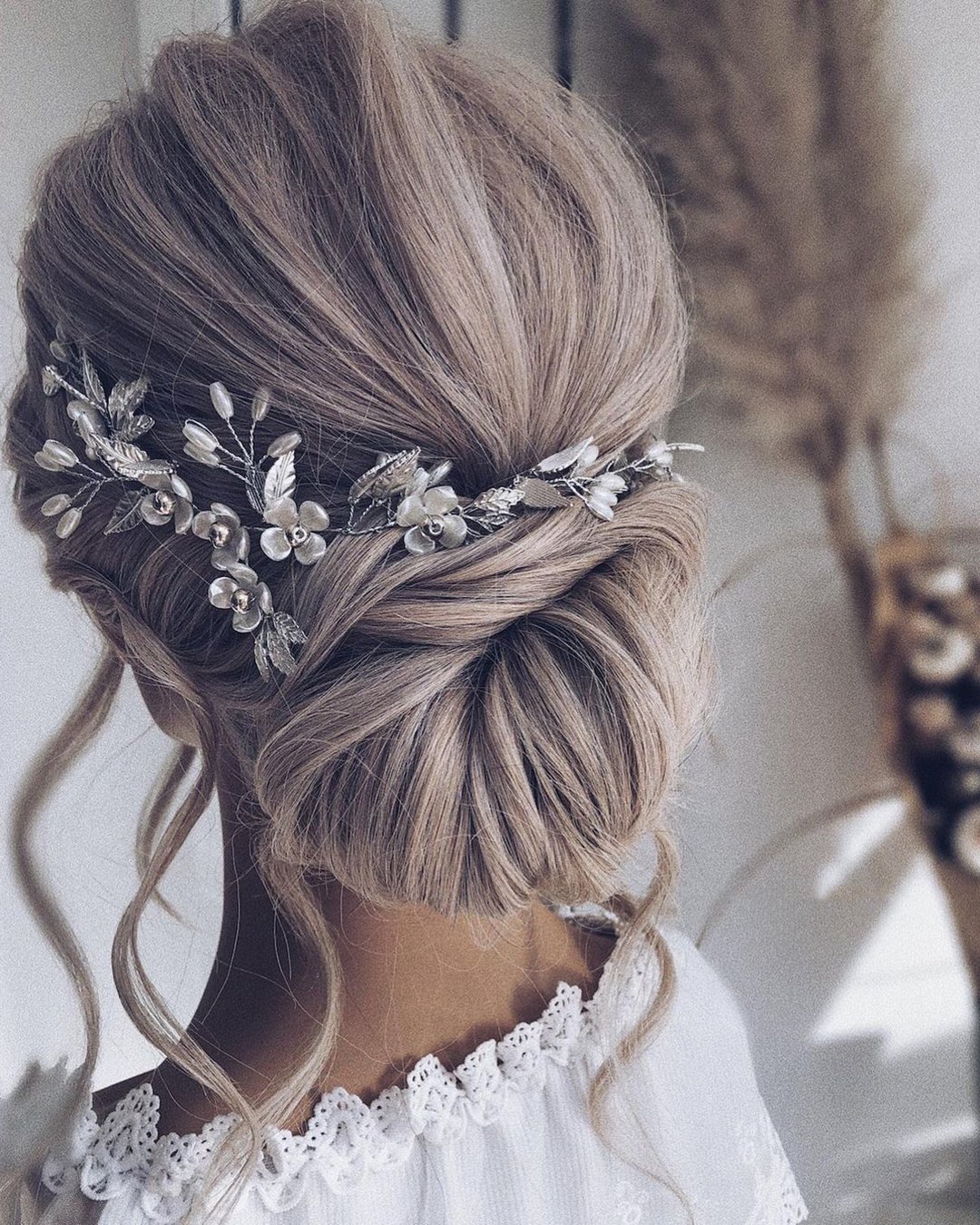 wedding hairstyles for thin hair slightly messy updo with hair vine katya.valentinahair