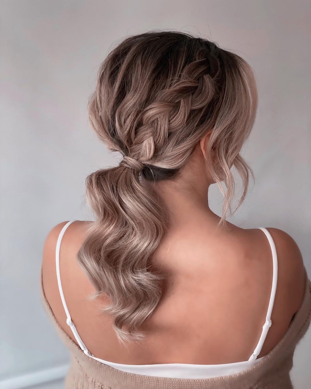 wedding hairstyles with bangs low ponytail with side braid monamieweddinghair