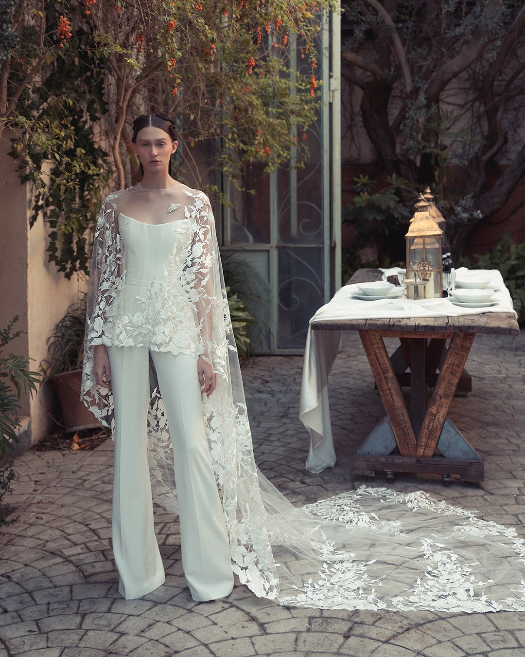 wedding pantsuit ideas white with cape lace kim kassas