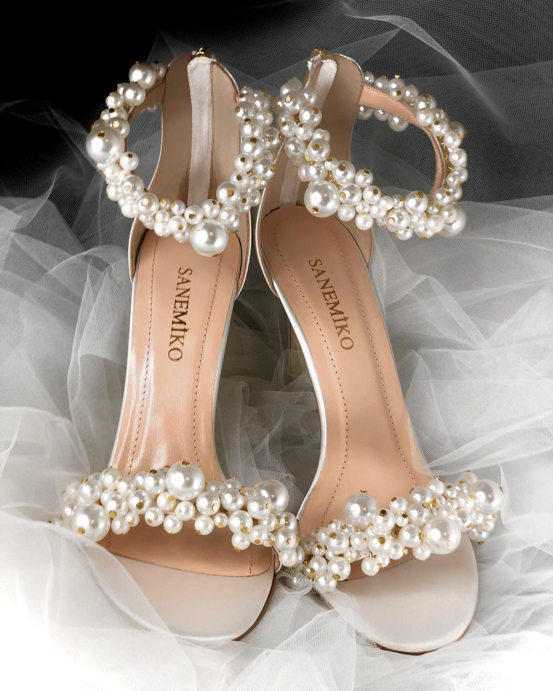 wedding shoes peep toe with pearls high heels sanemiko