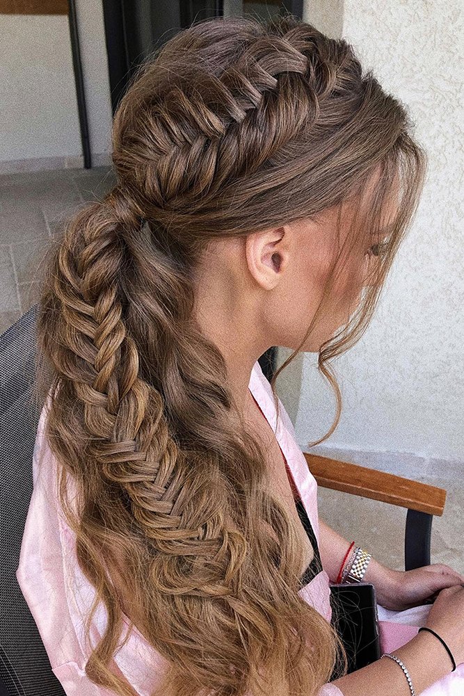 easy wedding hairstyles long ponytail with braids zhanna_syniavska