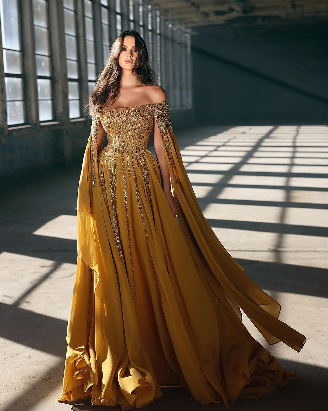 gold wedding gowns a line off the shoulder mustard sequins saidmhamad