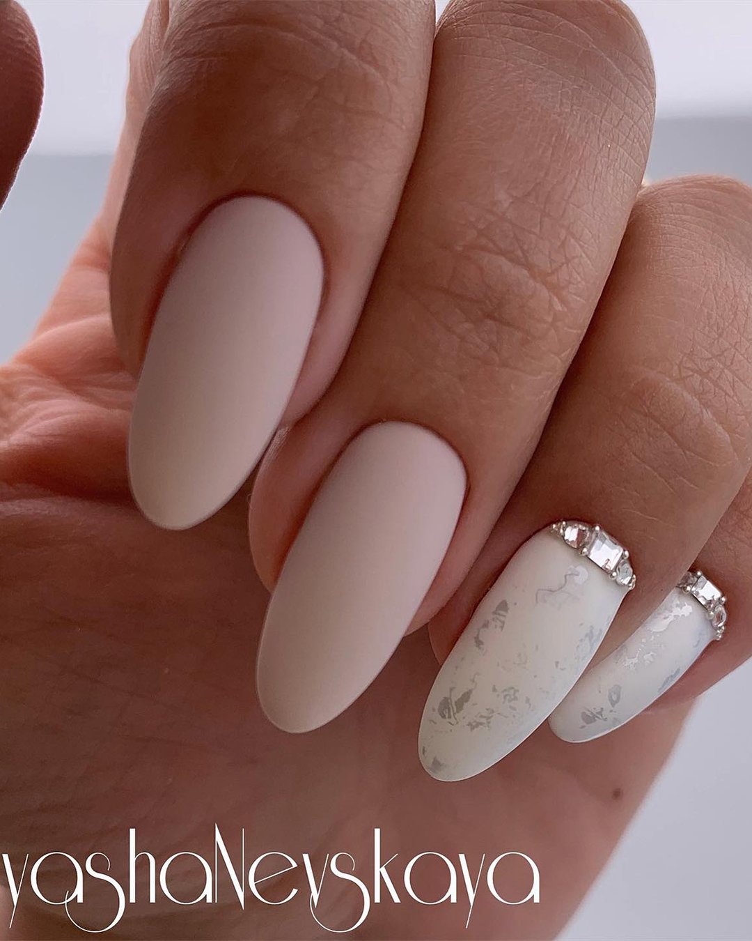 nail design wedding ideas pink white matte rhinestones lyasha_nevskaya
