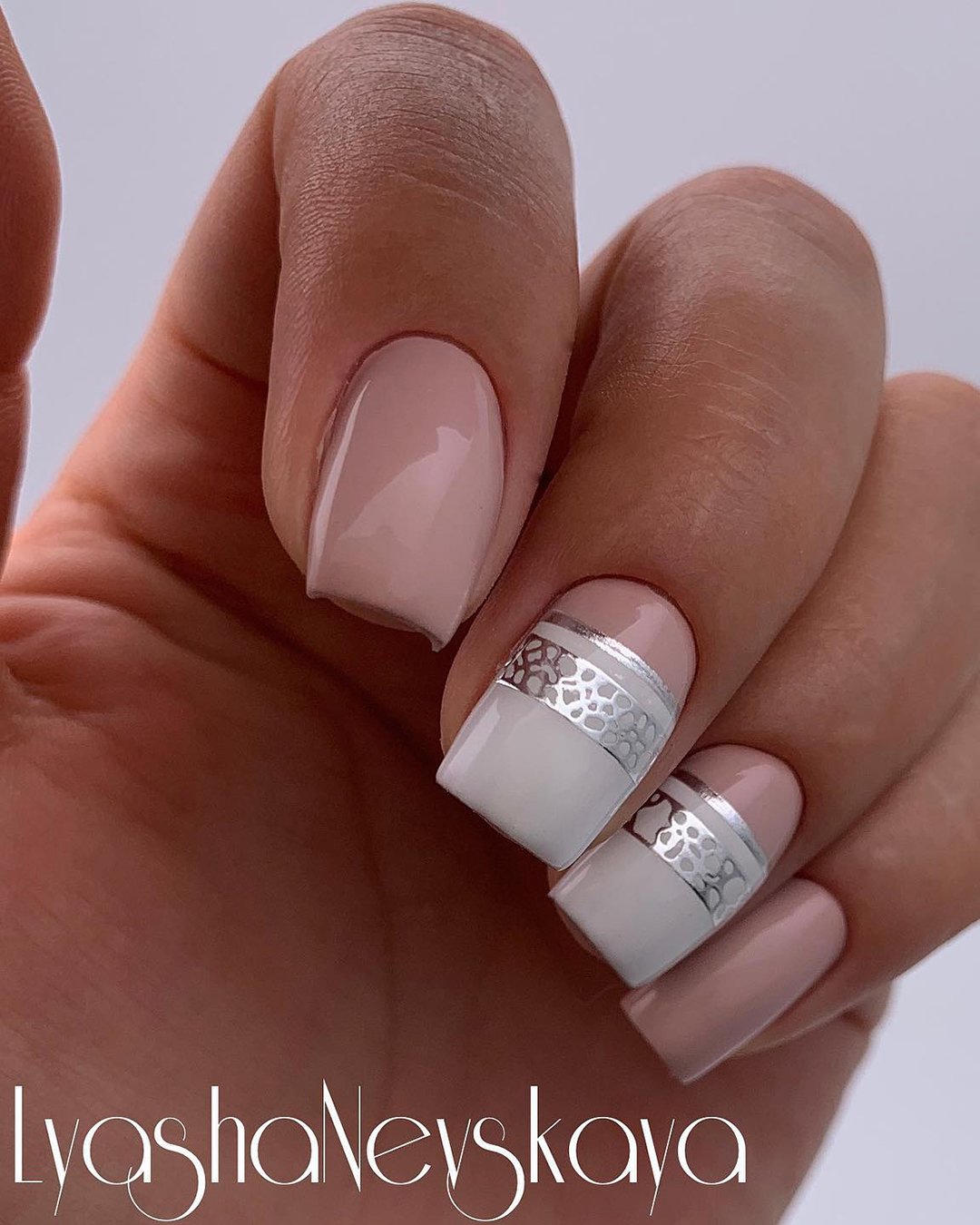 nail design wedding ideas pink white silver stripes lyasha_nevskaya