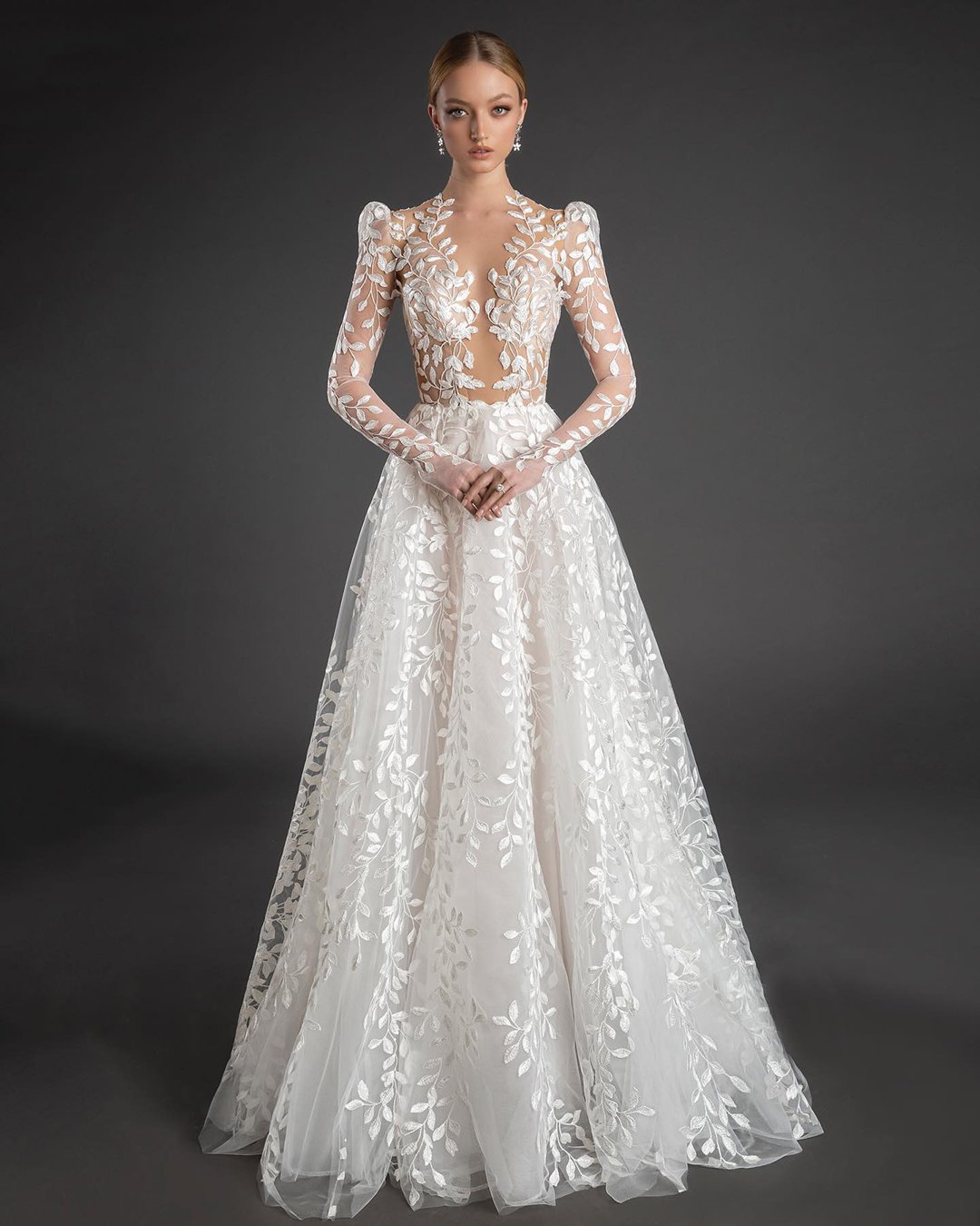 wedding dresses spring 2022 a line with long sleeves floral appliques pninatornai