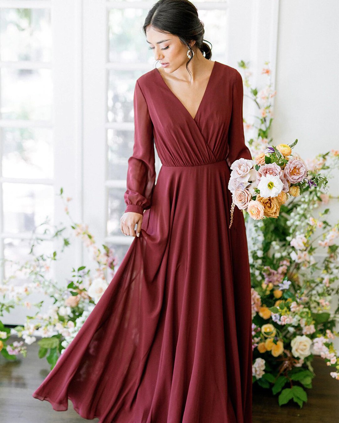 wedding guest outfit long with long sleeves v neckline revelry