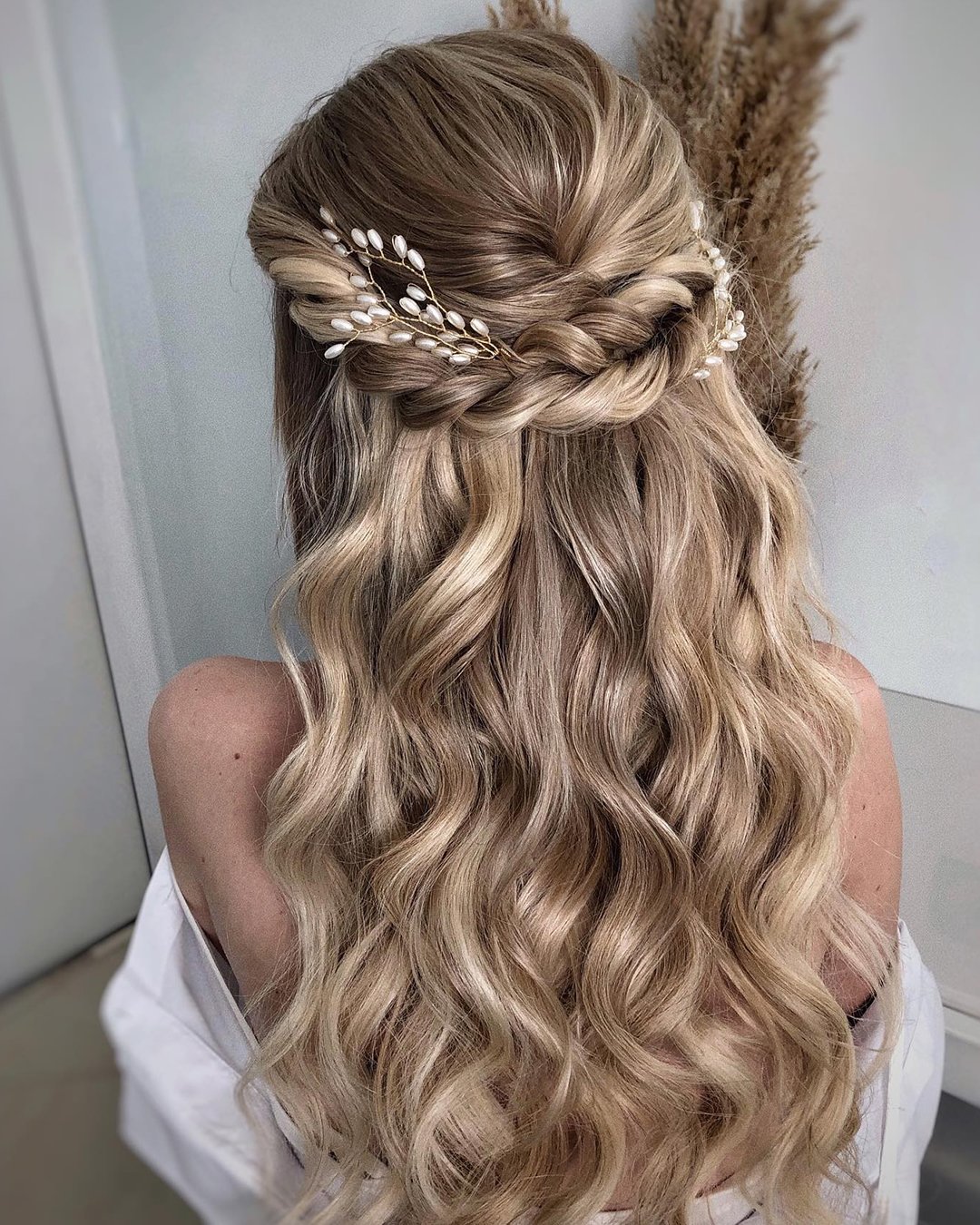 wedding hair trends half up with braids curls and pearls zhanna_syniavska