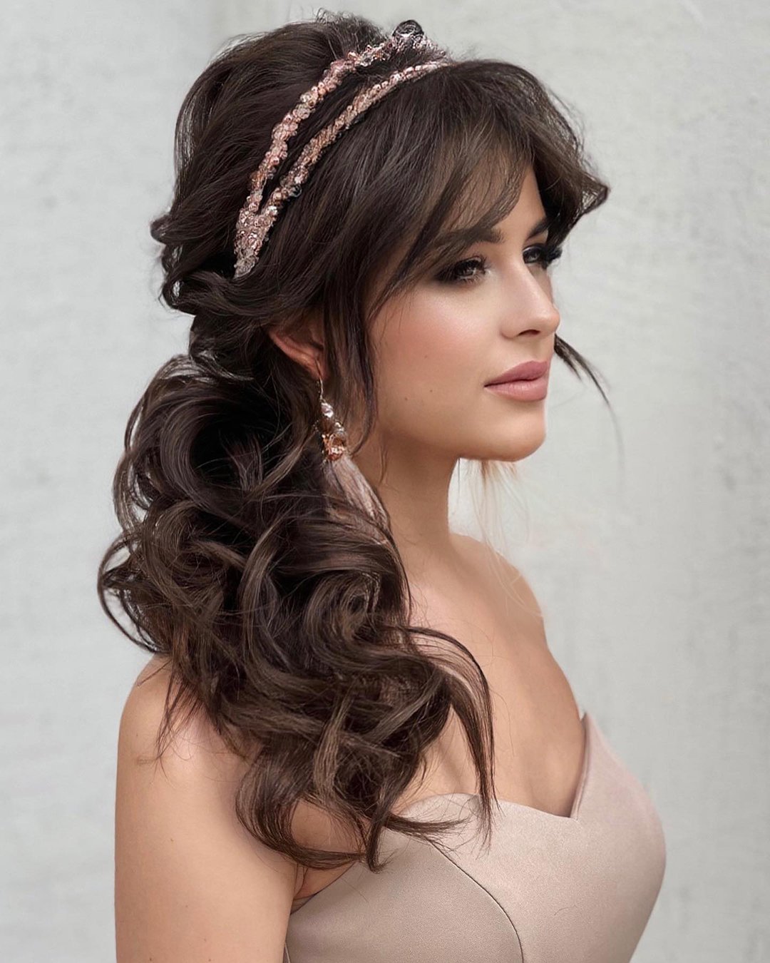 wedding hairstyles for long hair side ponytail with bang art4studio