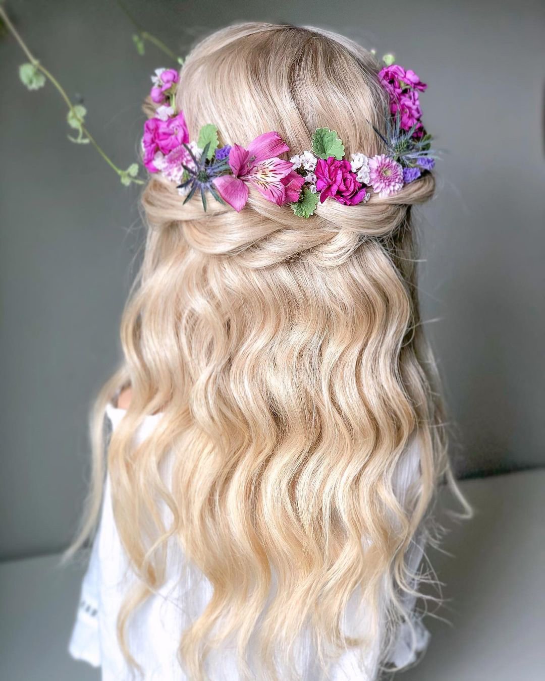 wedding hairstyles with flowers pink crown on blonde hair reneemarieacademy