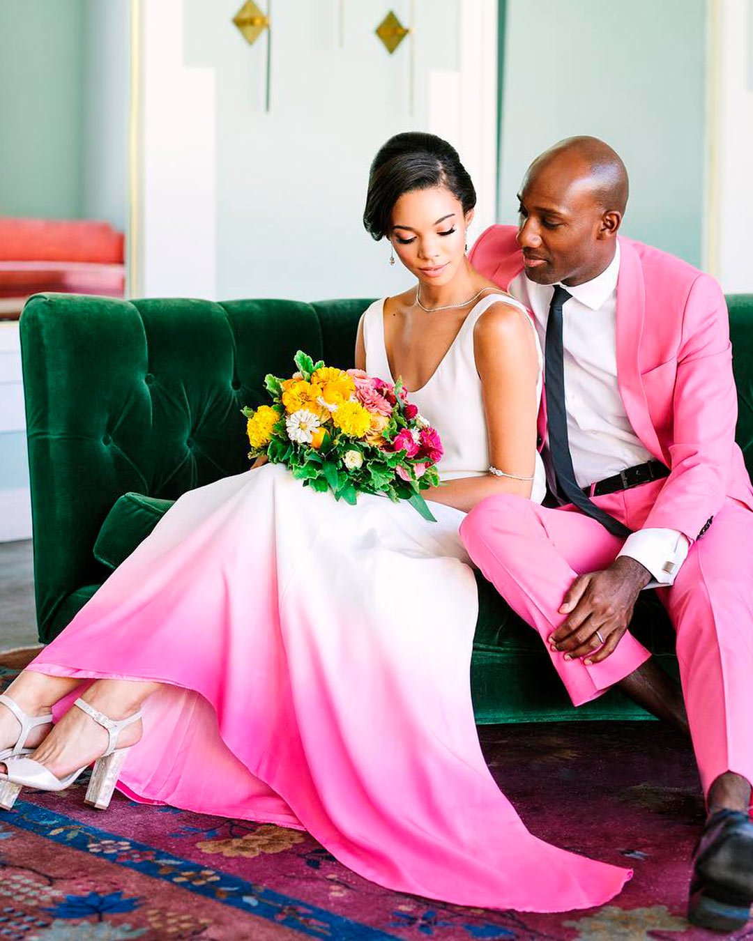 wedding trends bride groom attire pink