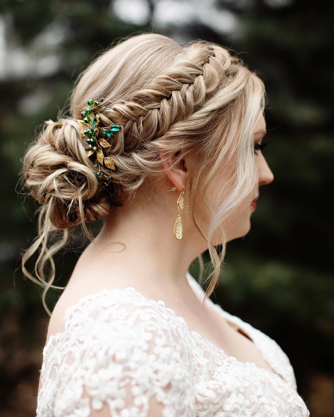 wedding updos with braids crown low bun with loose curls updosbykarina