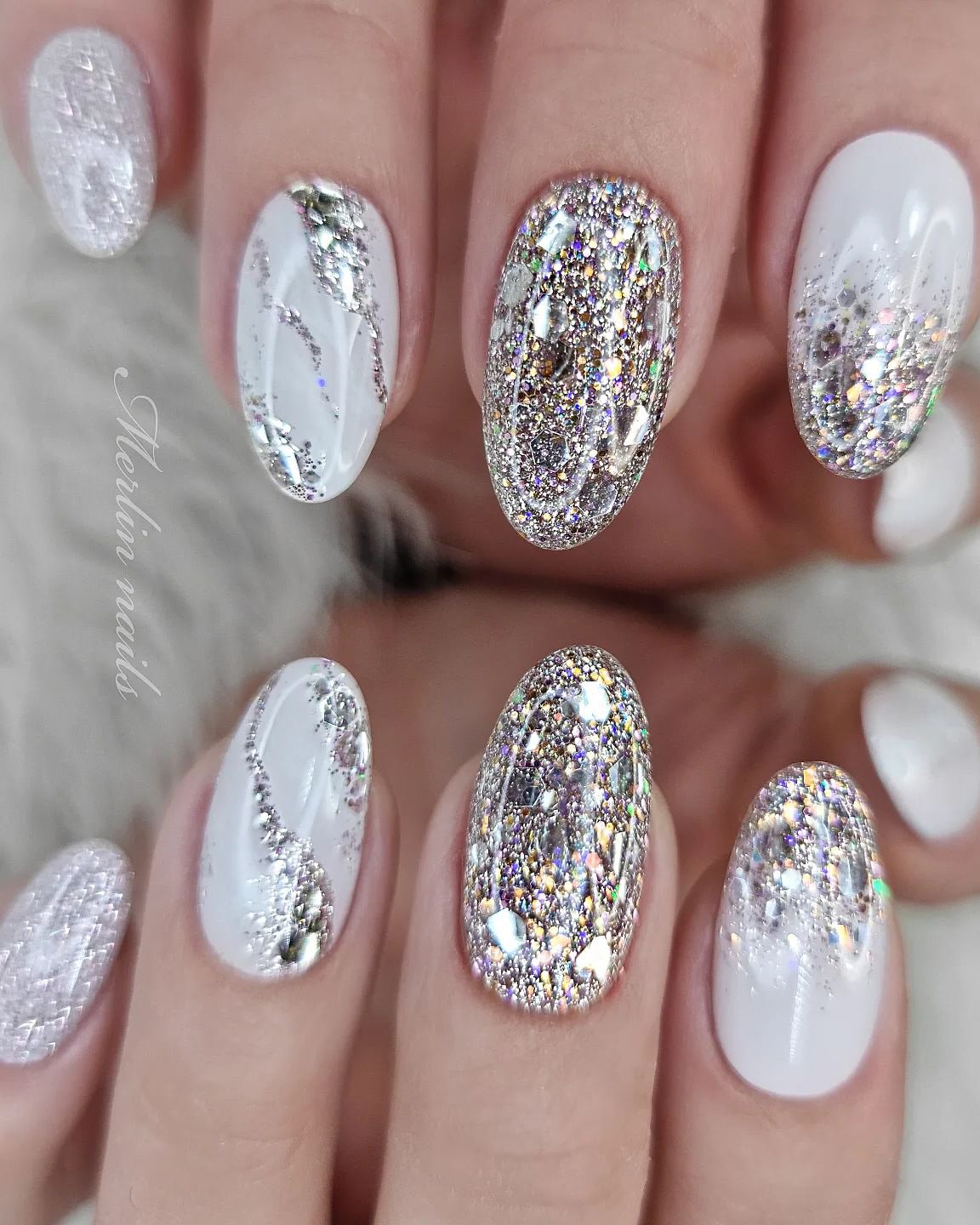 white nail designs for wedding with glitter merlin_nails