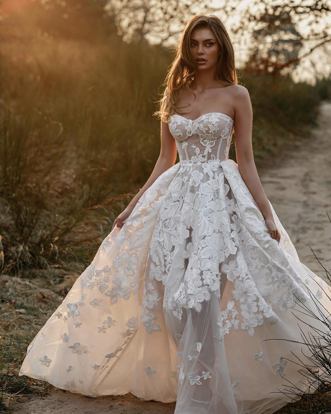 a line wedding dresses strapless neckline lace floral galialahav