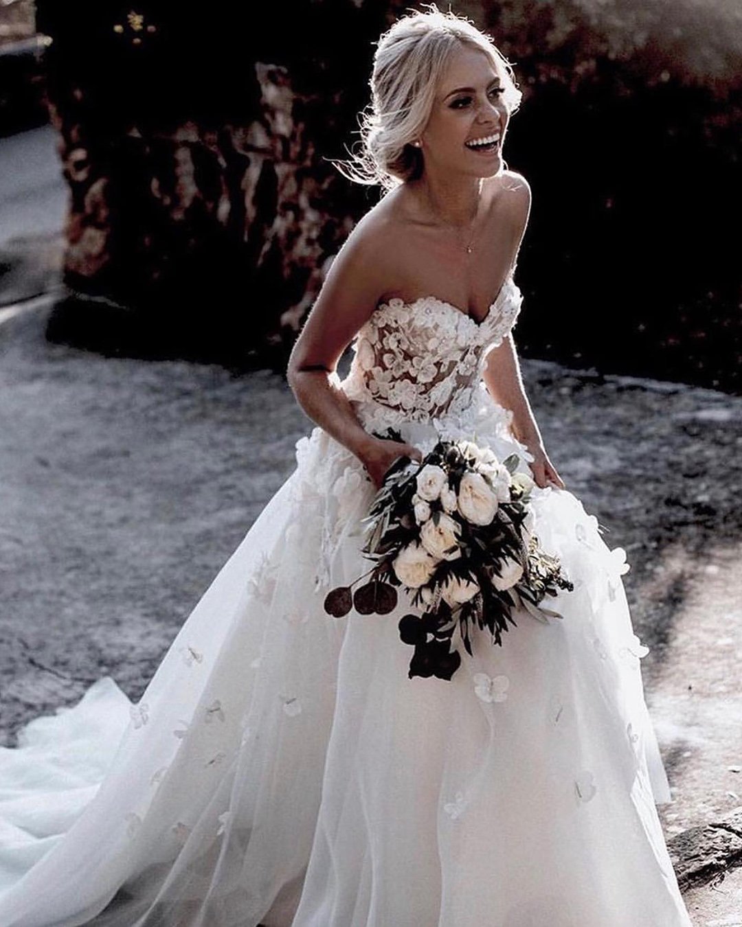 a line wedding dresses sweetheart neckline floral lace lizmartinez