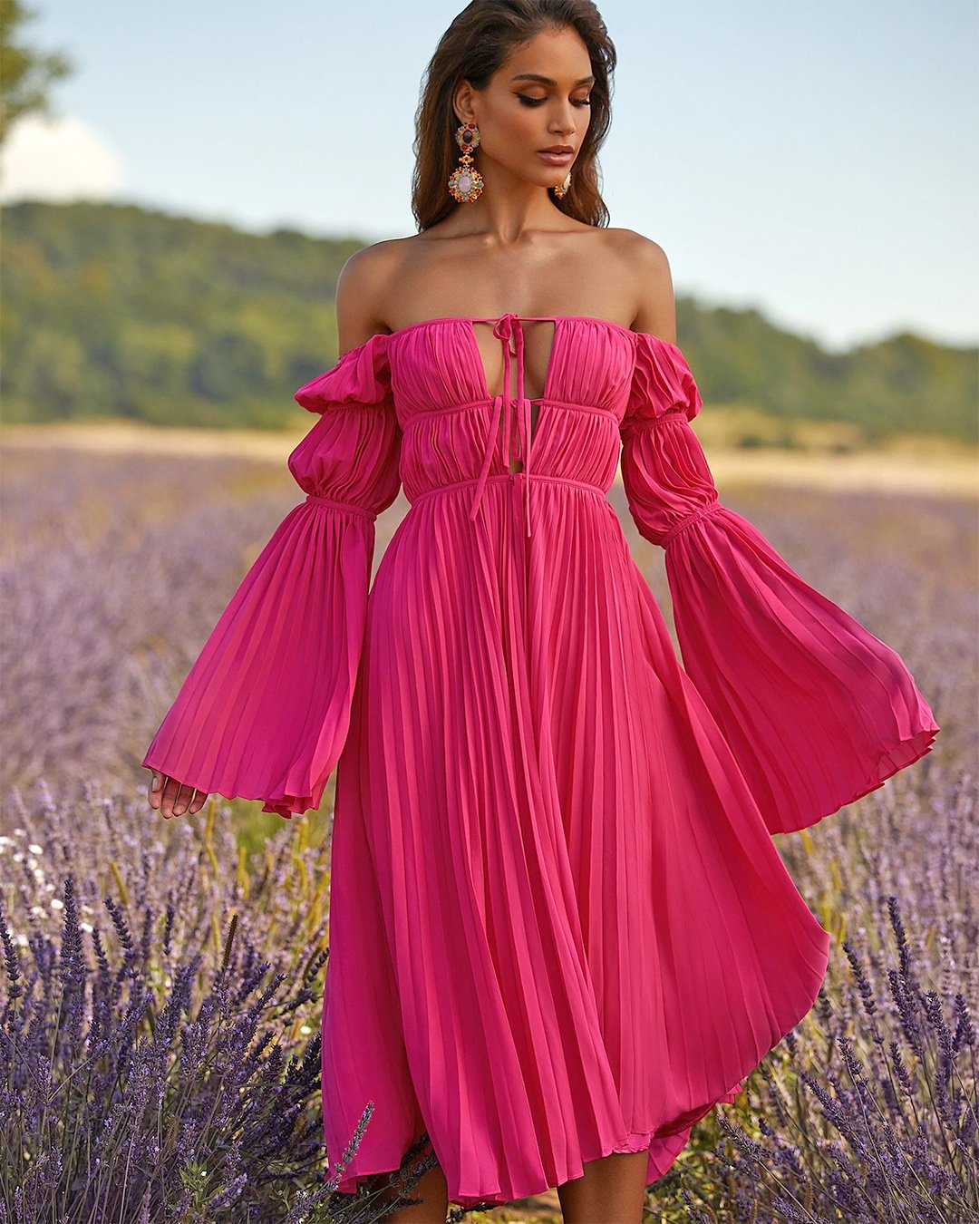 beach wedding guest dresses tea length with sleeves flowy off the shoulder alamout