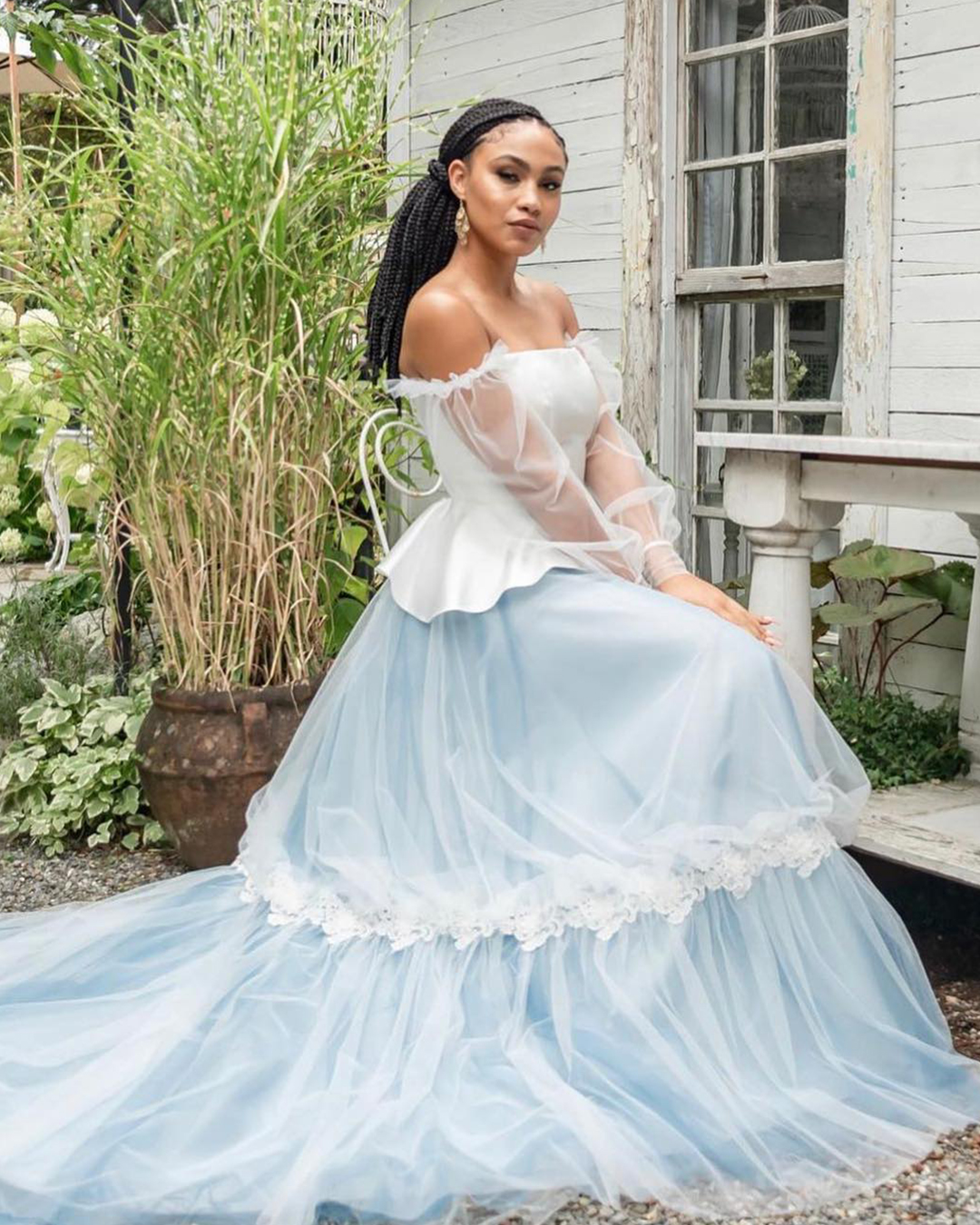 blue wedding dresses off the shoulder with long sleeves white romantic frenchknotcouture