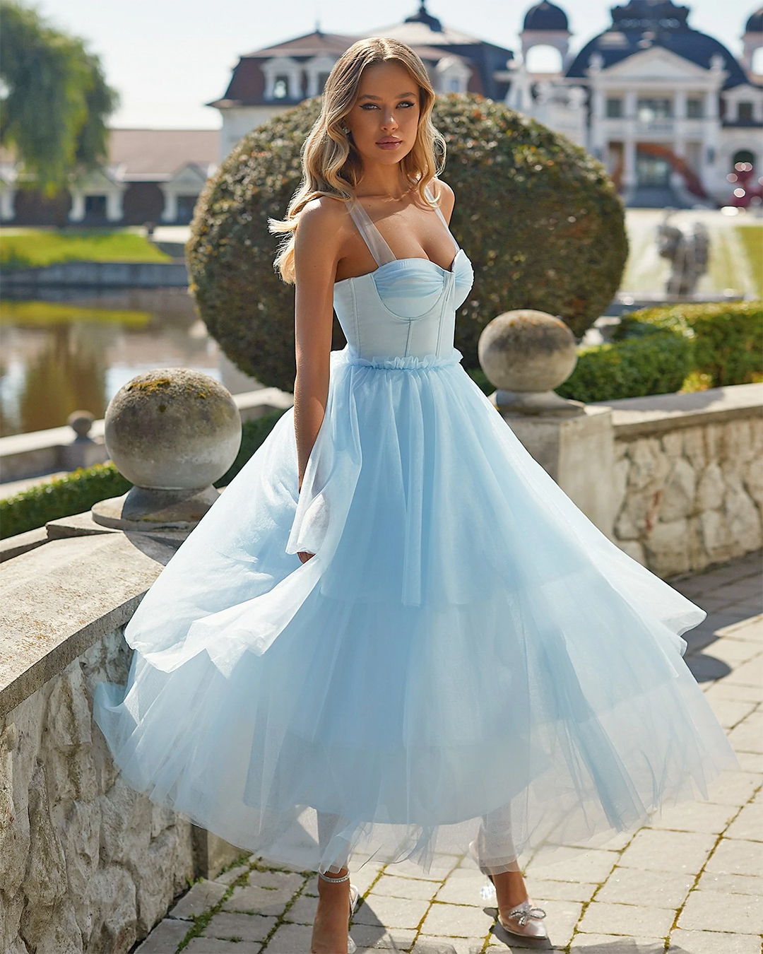 blue wedding dresses tea length sweetheart neckline simple beach alamour