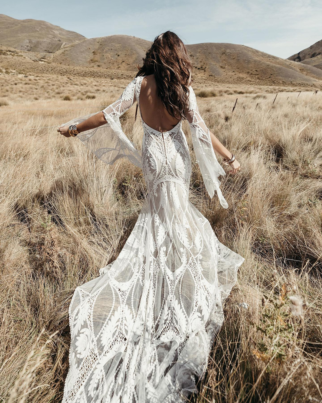 boho wedding dresses backless with flowy sleeves lace rustic barn ruedeseine