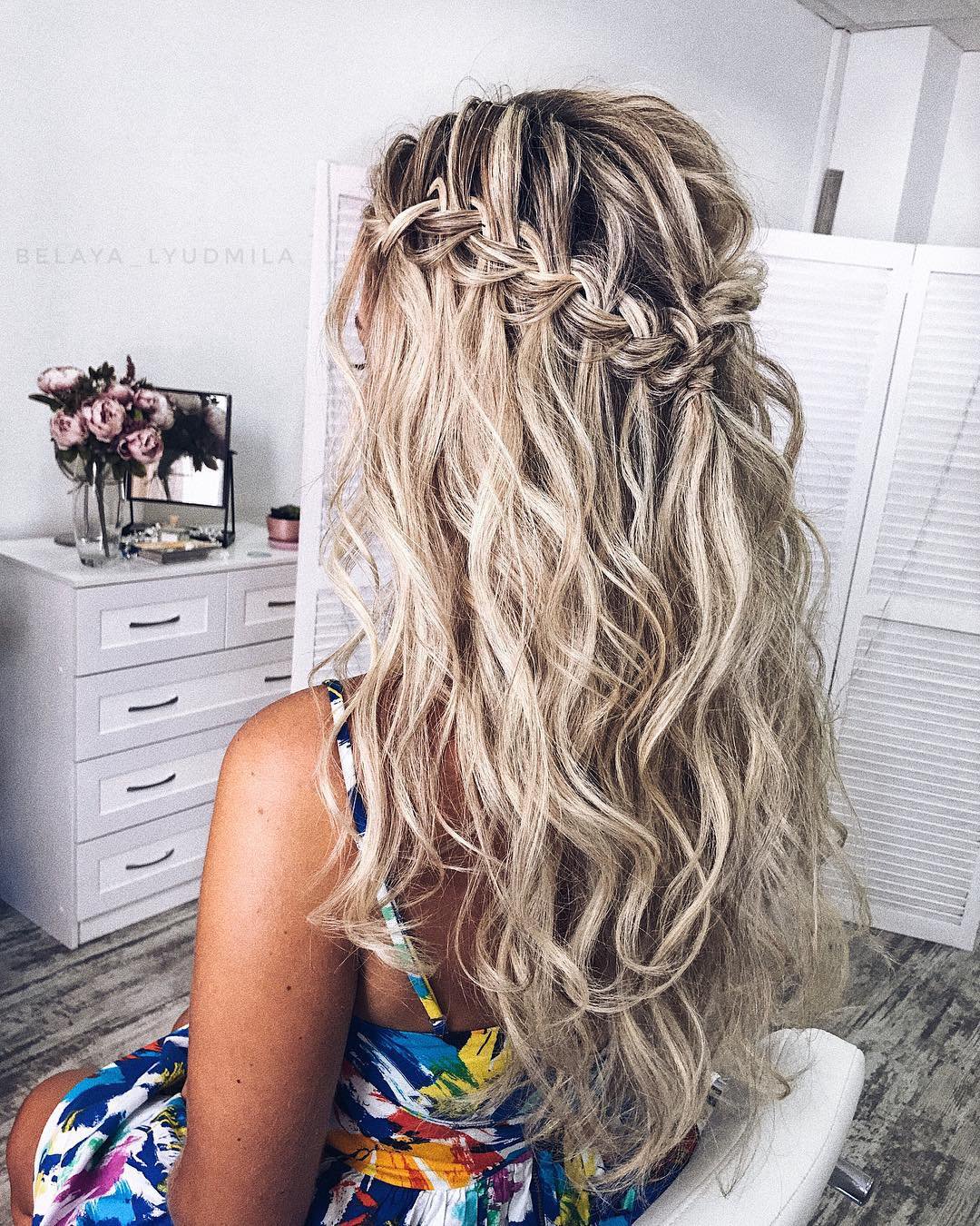 braided wedding hair long blonde hair half up with waterfall braid belaya_lyudmila