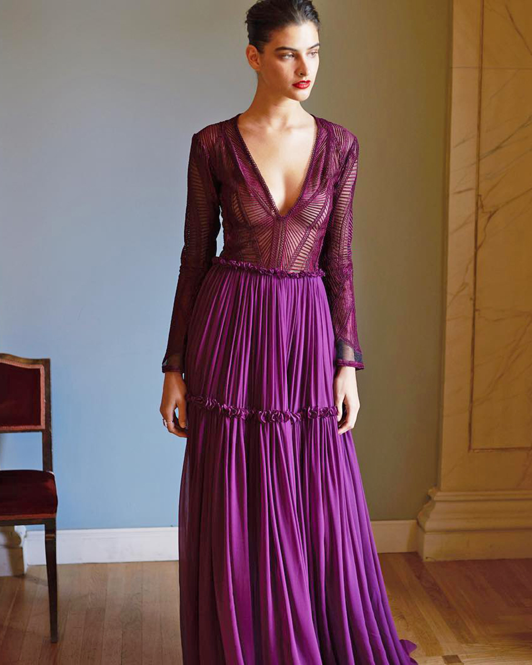 colourful wedding dresses a line with long sleeves v neckline purple costarellos