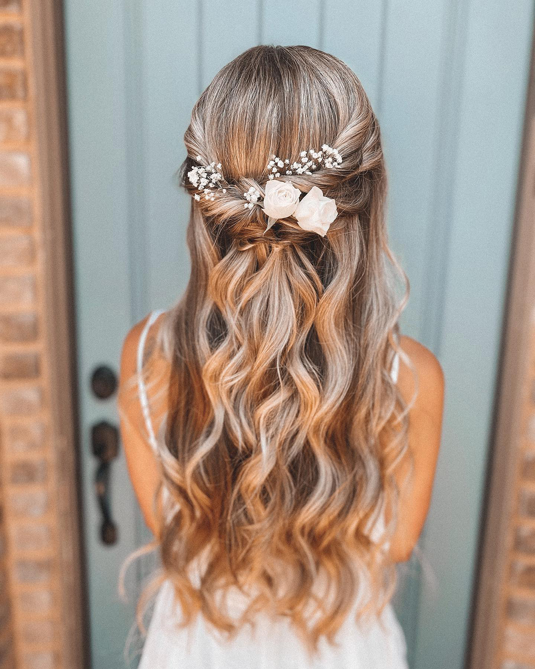 half up half down wedding hairstyles textured with fresh roses babehairbyb