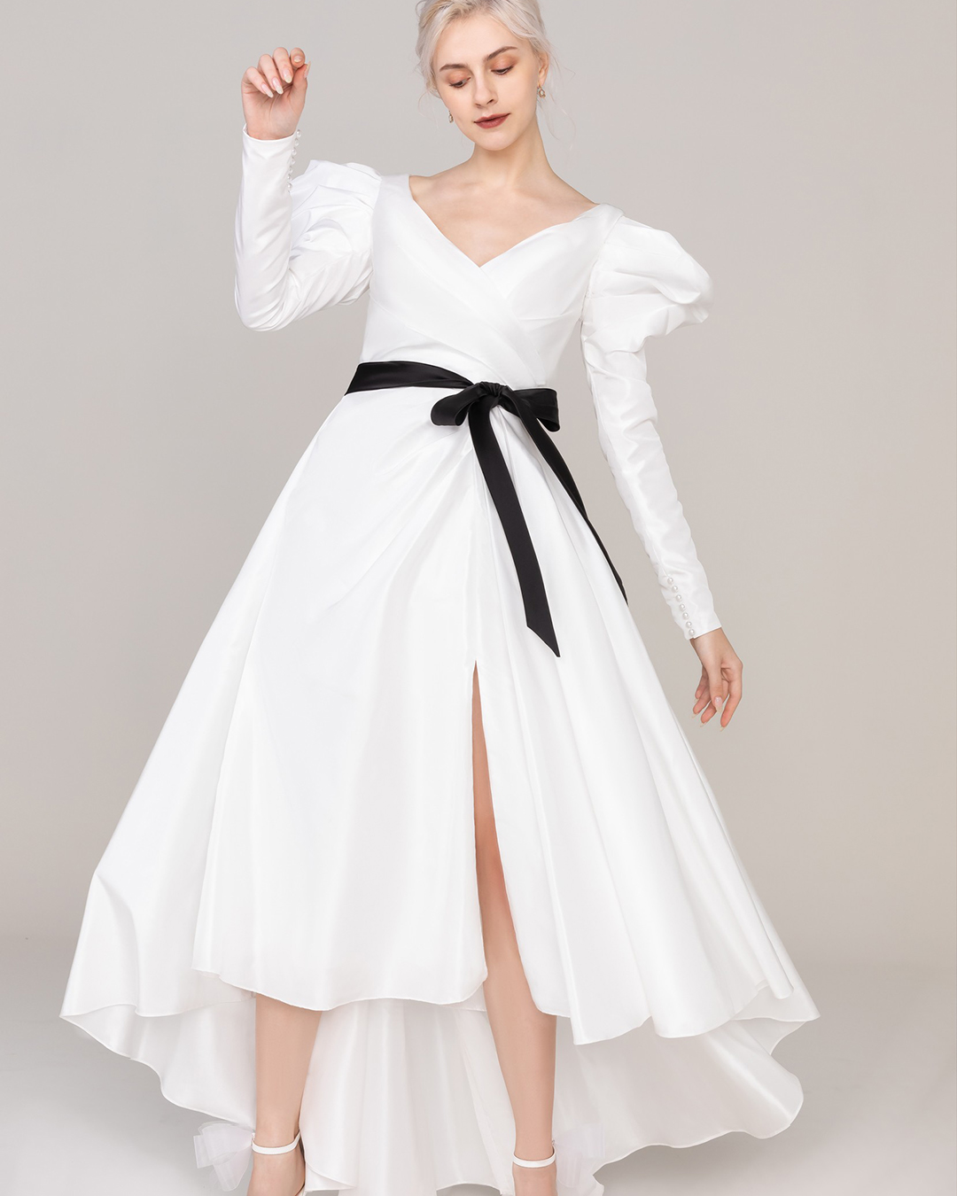 high low wedding dresses simple with long sleeves black belt cocomelody