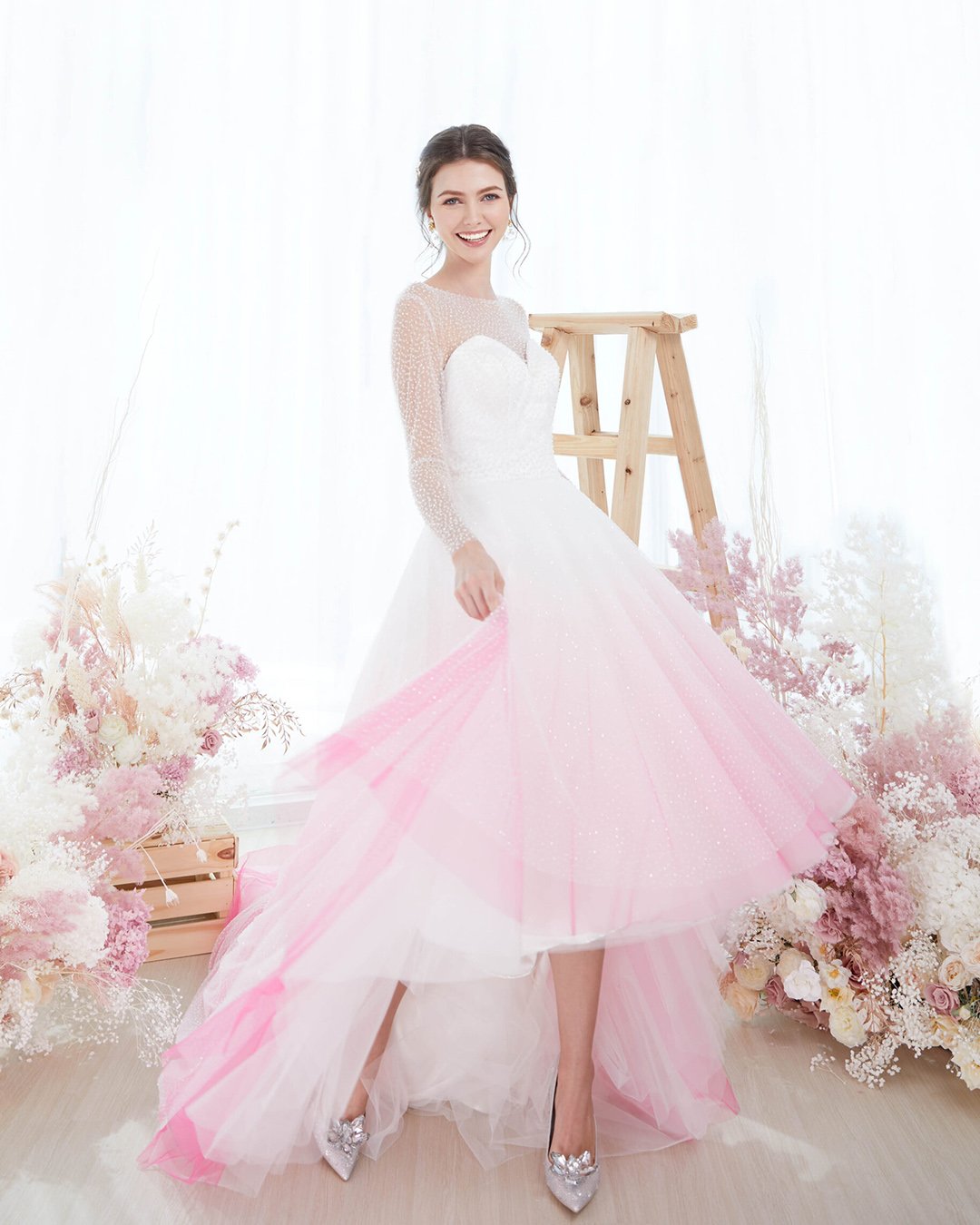 highlow wedding dresses with illusion long sleeves pink simple digio