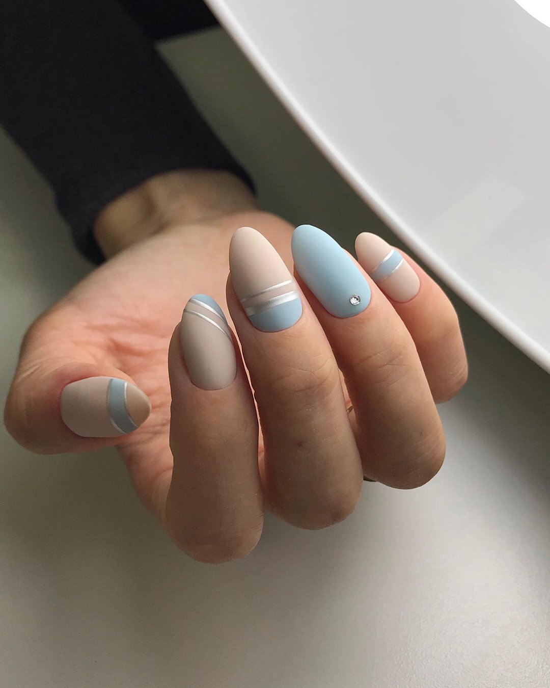 nail ideas for wedding matte nude and blue with stripes annet_leto