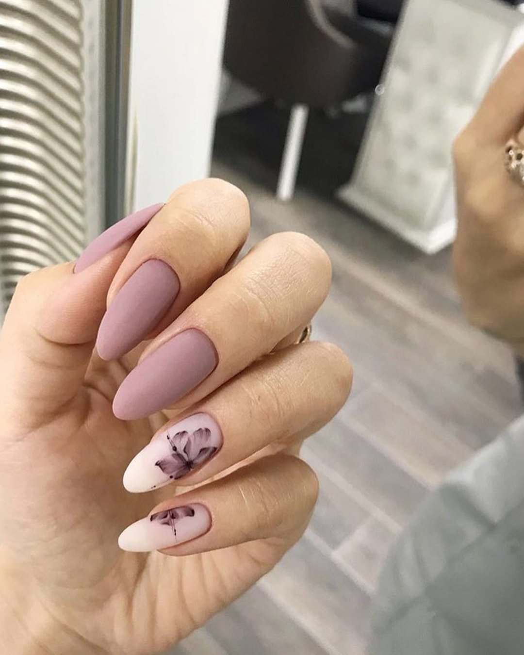 nail ideas for wedding matte pink with flowers dizi_nail