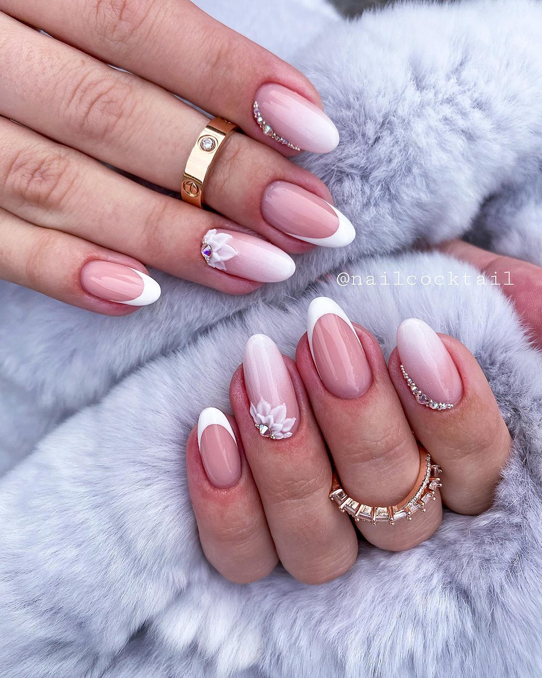 pink and white nails wedding elegant french with rhinestones and flowers nailcocktail