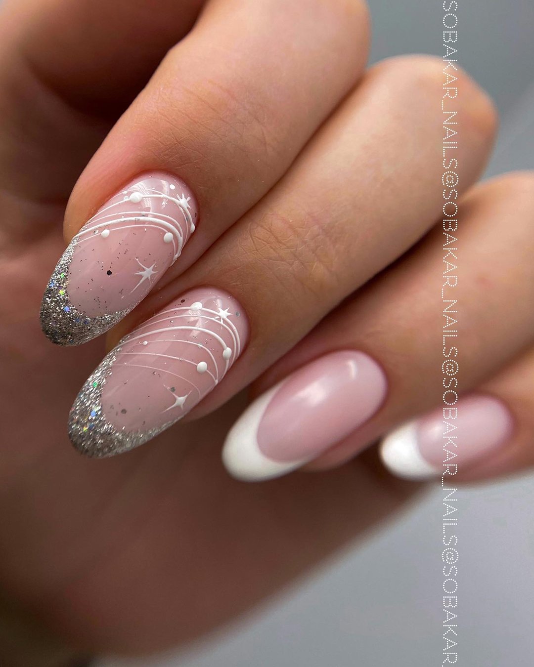 pink and white nails wedding with stripes and gloss french design sobakar_nails