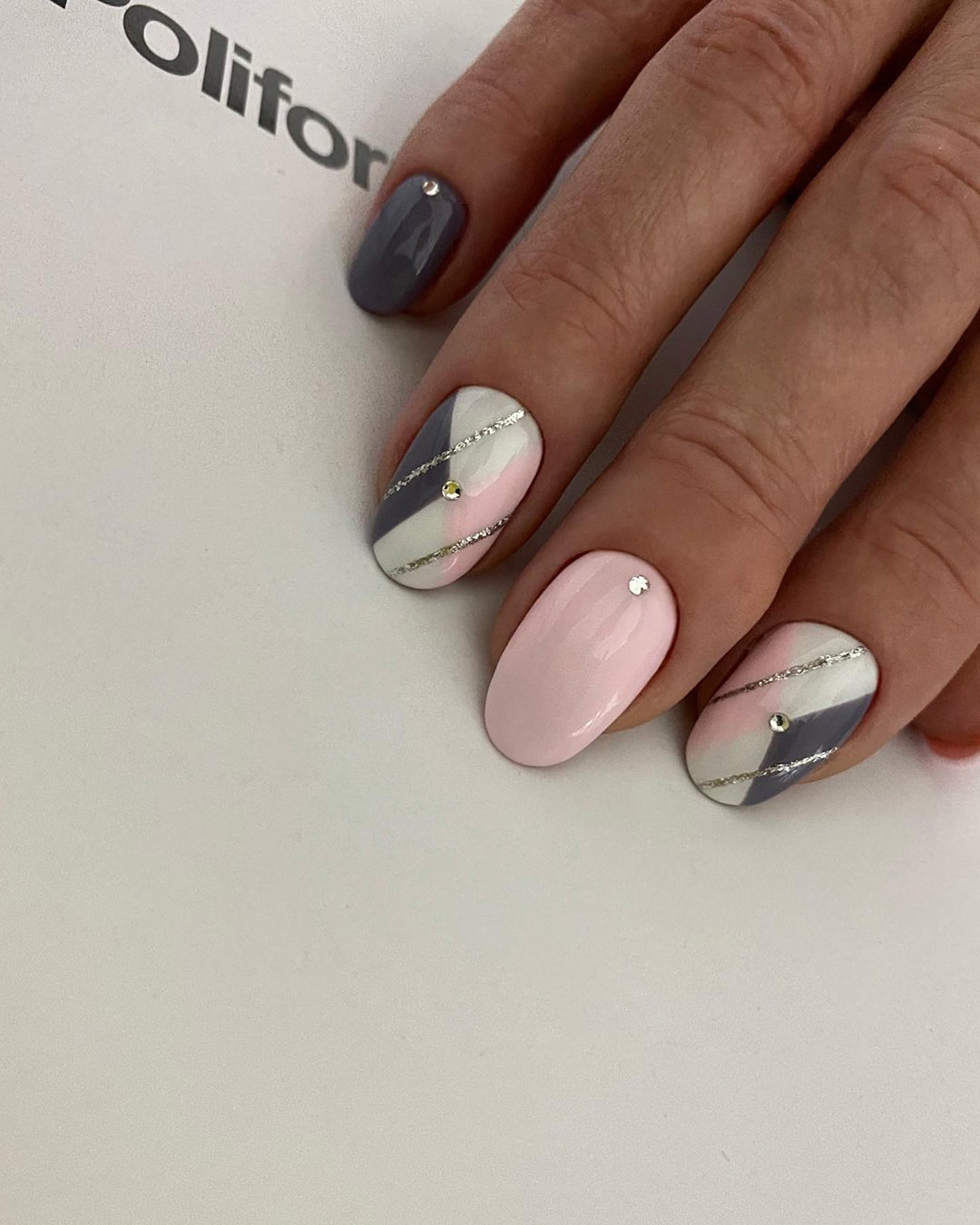 pinterest nails for wedding pink grey with silver glitter stripes laura_nails_studio