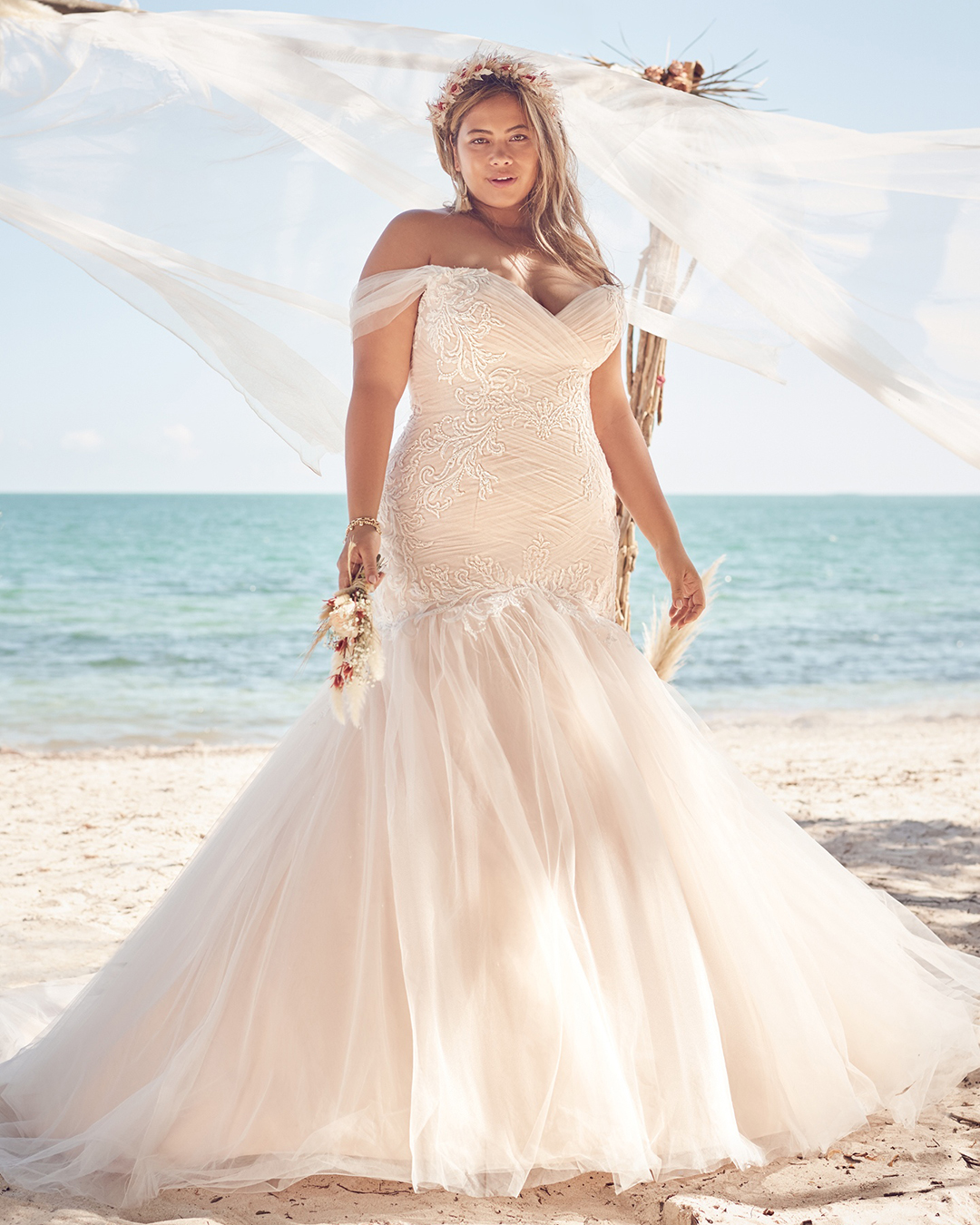 plus size wedding dresses beach fit and flare off the shoulder maggie sottero