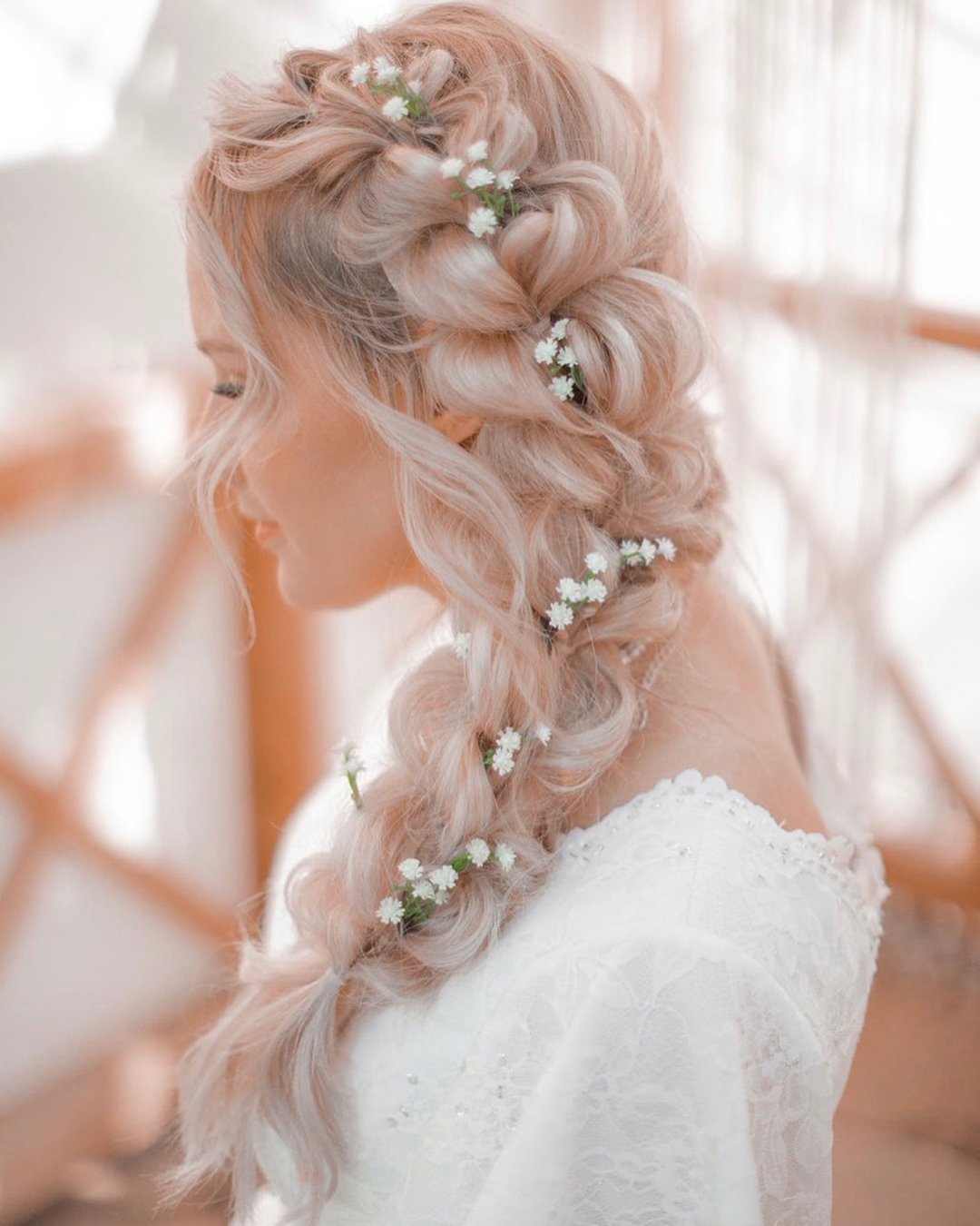 wedding hairstyles for long hair side mermaid braid on blonde with baby breath lauralovesshair