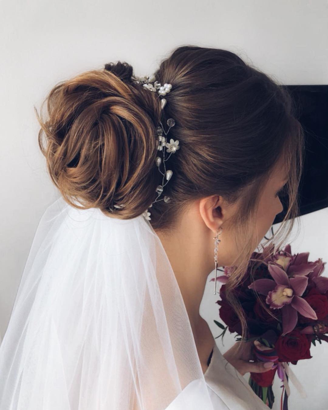 wedding hairstyles for long hair smooth high bun with veil nina.guchenkova
