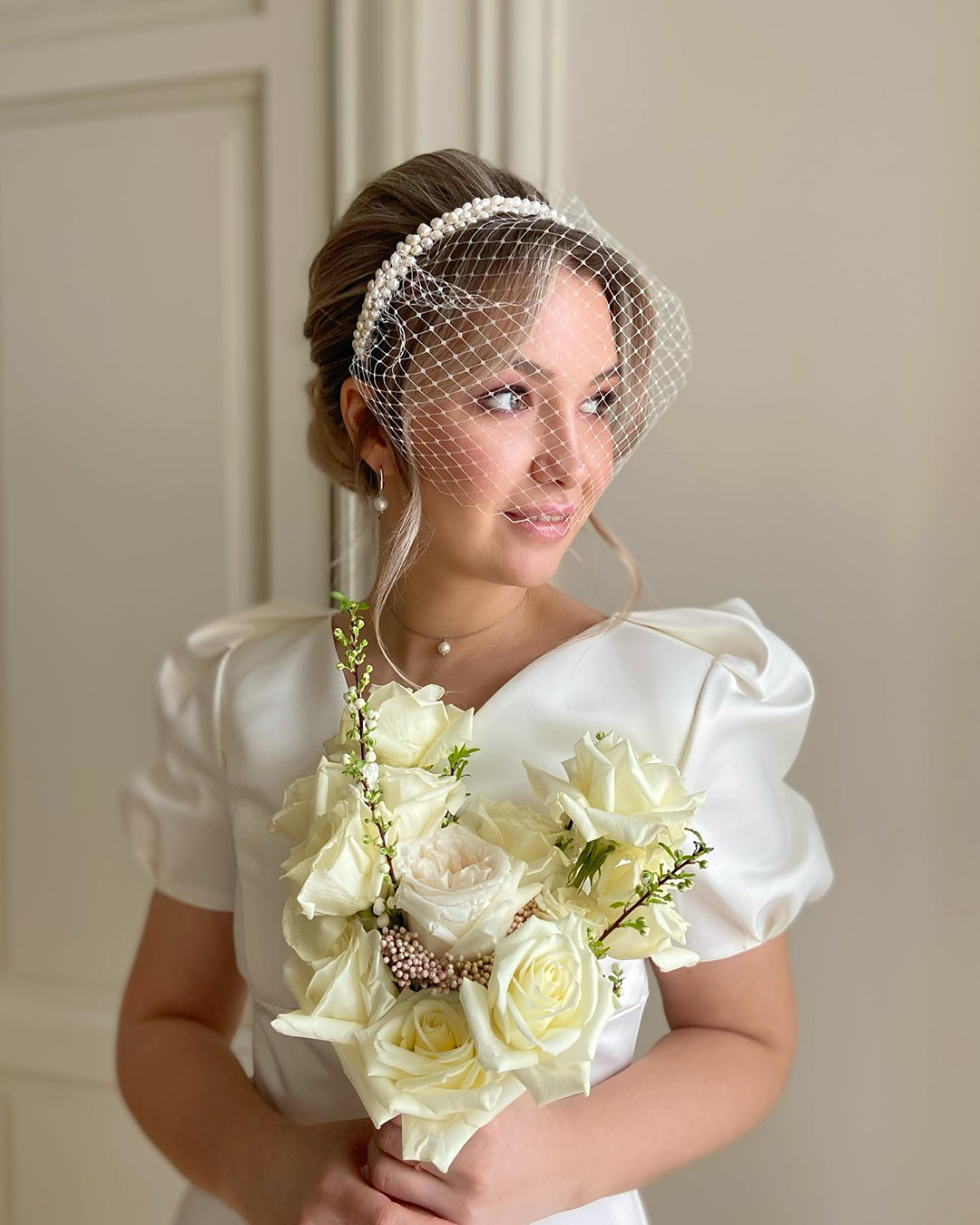 wedding hairstyles updo with pearls halo birdcage veil nina.guchenkova