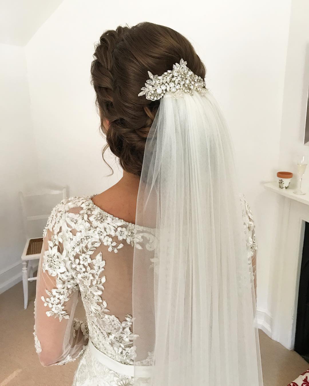 wedding hairstyles with veil braided updo with vintage pin botiashairandmakeup