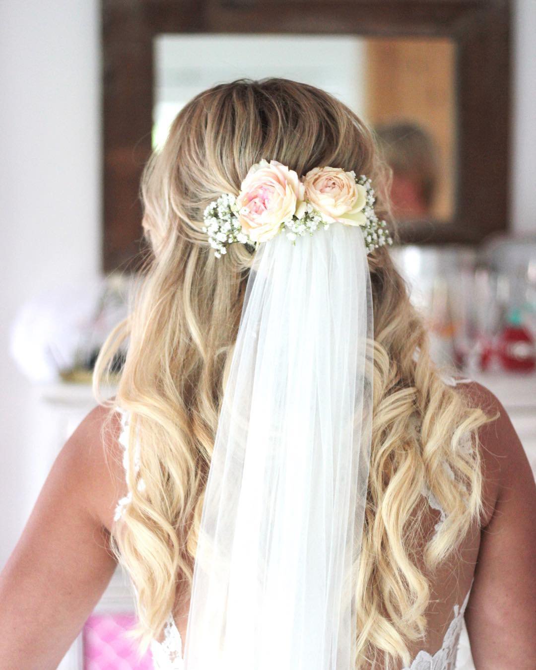 wedding hairstyles with veil half up half down with roses and baby breath slmakeupandhair