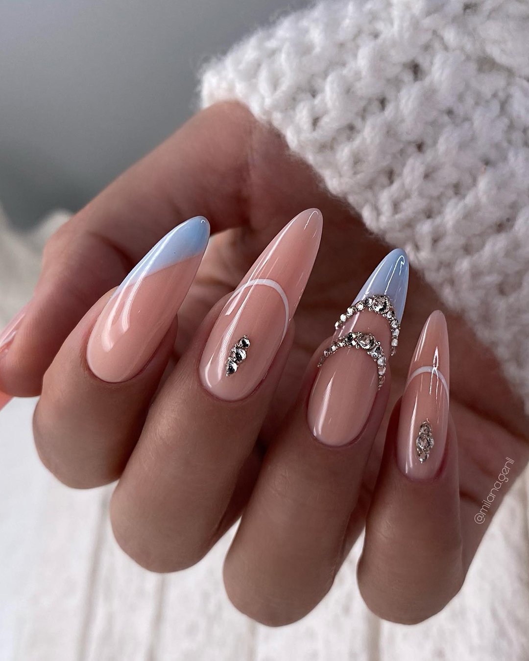 wedding nails design long nude with rhinestones and blue milana.gen11