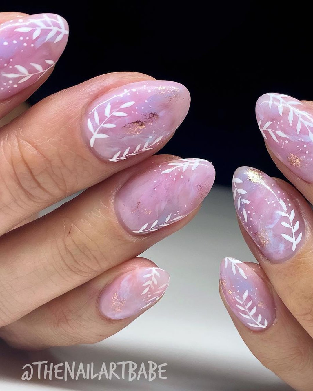 wedding nails design pink marble with white leaves thenailartbabe