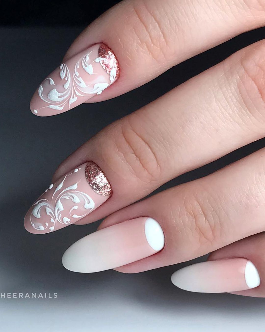 wedding nails design white pink petals glitter design bagheeranails