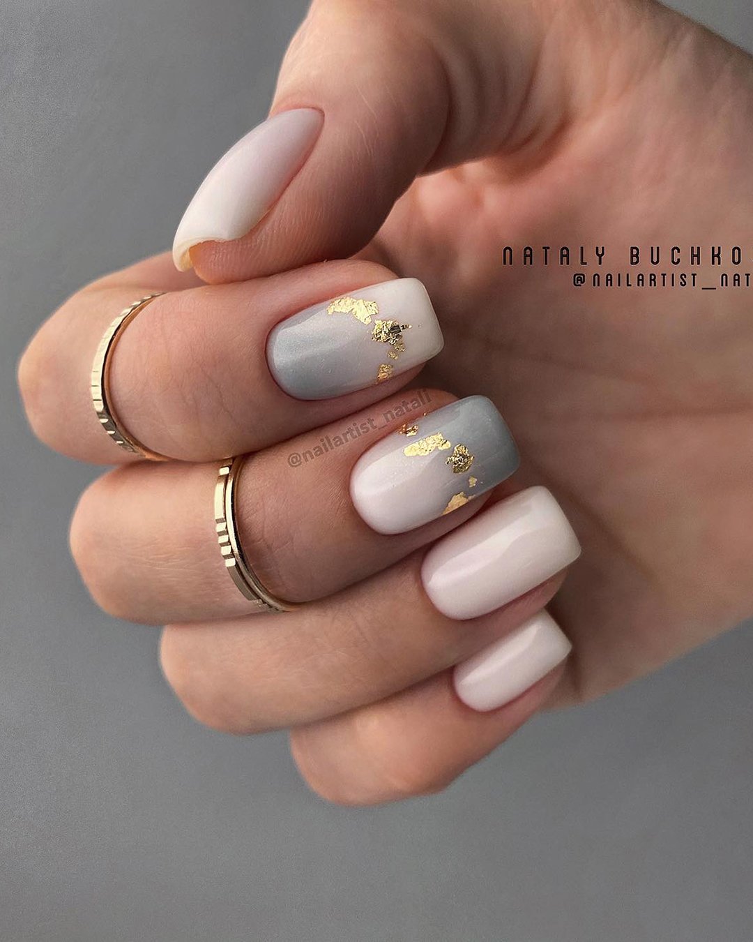 white nail designs white light pink grey with golden foil nailartist_natali