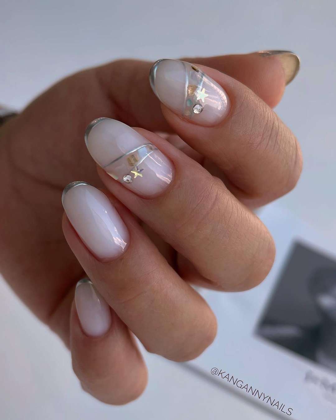 white nail designs white transparent with silver design kangannynails
