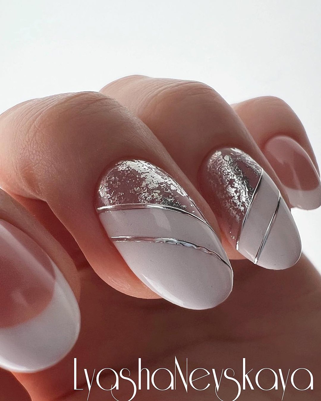 white nail designs white with silver foil and stripes lyasha_nevskaya