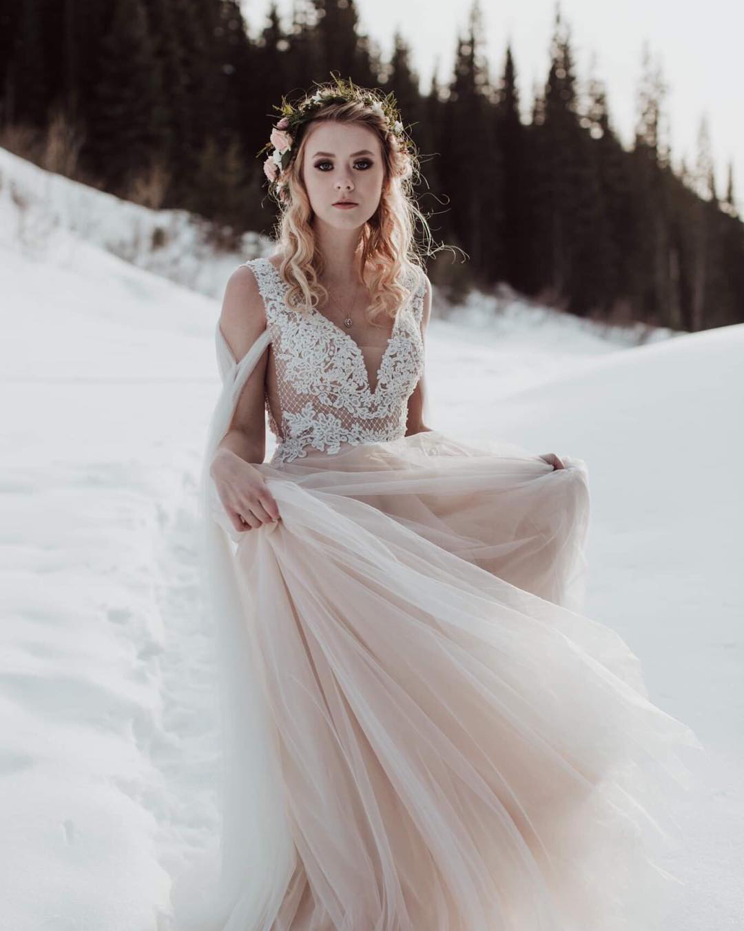 winter wedding dresses outfits lace top v neckline a line blush blisstulle