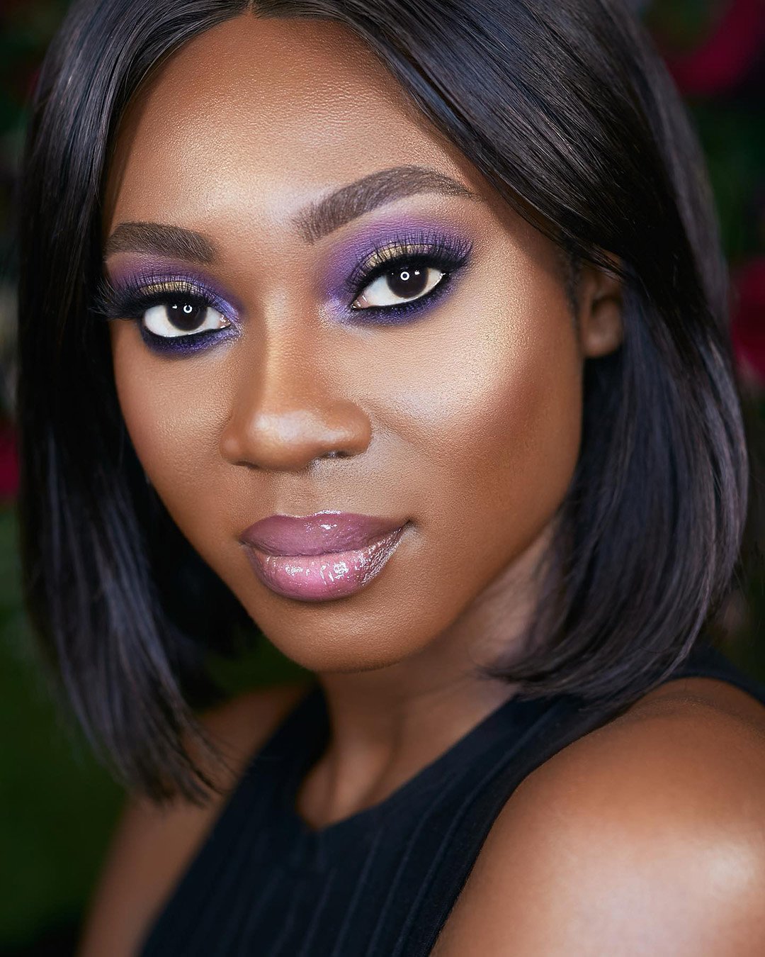 black bride makeup ideas with bright violet eyeshadows joyadenuga