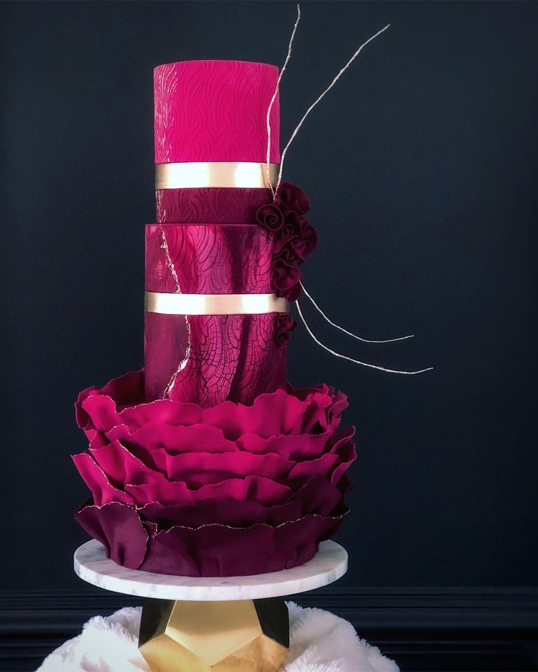 colored wedding cakes with metalic fragments